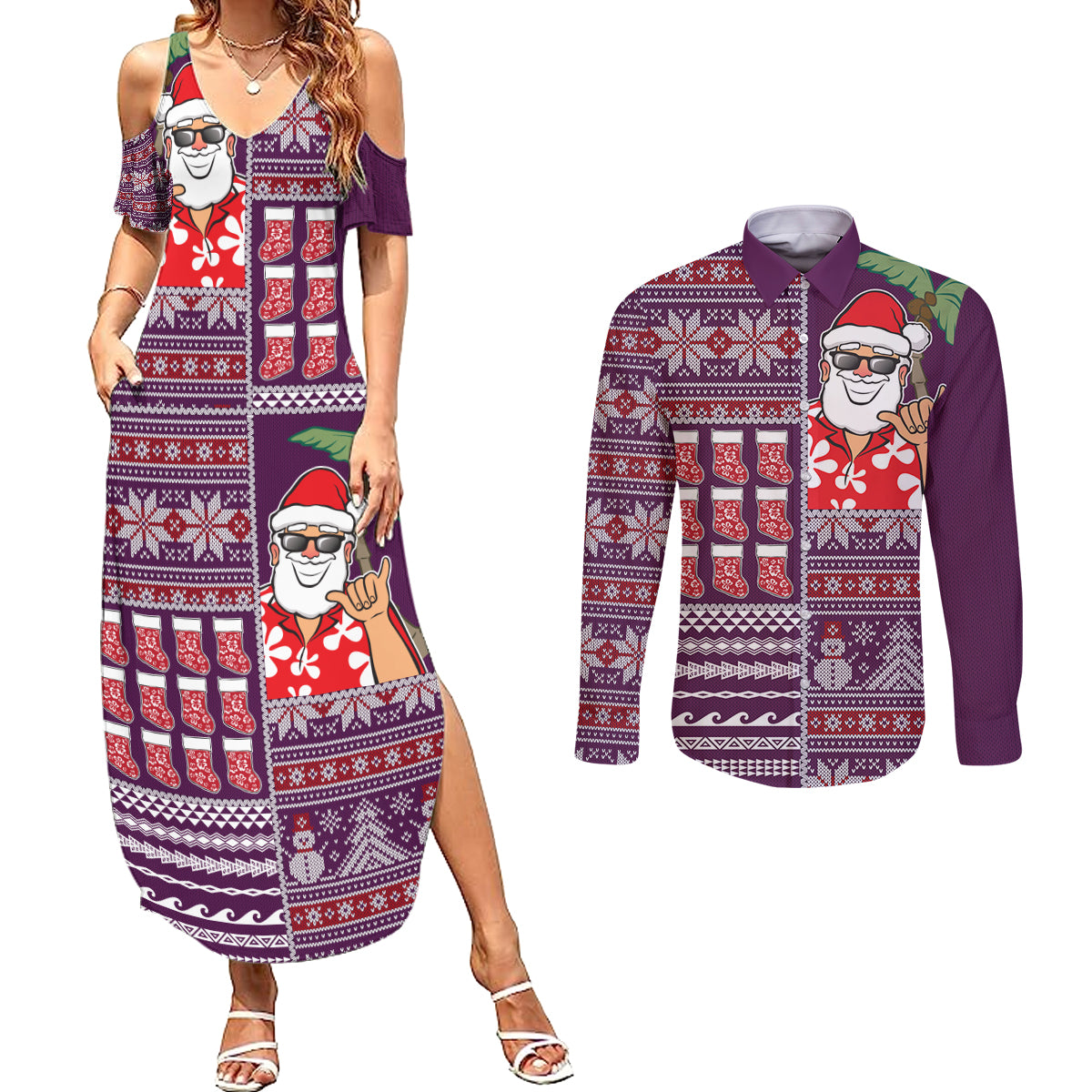 Hawaii Mele Kalikimaka Couples Matching Summer Maxi Dress and Long Sleeve Button Shirt Aloha and Christmas Elements Patchwork Pink Style LT03 Pink - Polynesian Pride