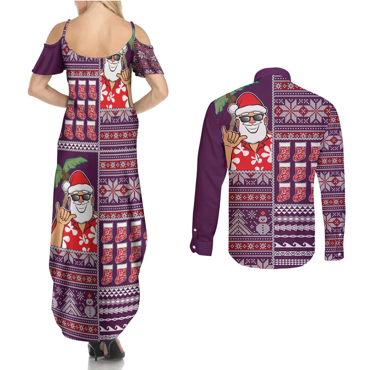 Hawaii Mele Kalikimaka Couples Matching Summer Maxi Dress and Long Sleeve Button Shirt Aloha and Christmas Elements Patchwork Pink Style LT03 - Polynesian Pride