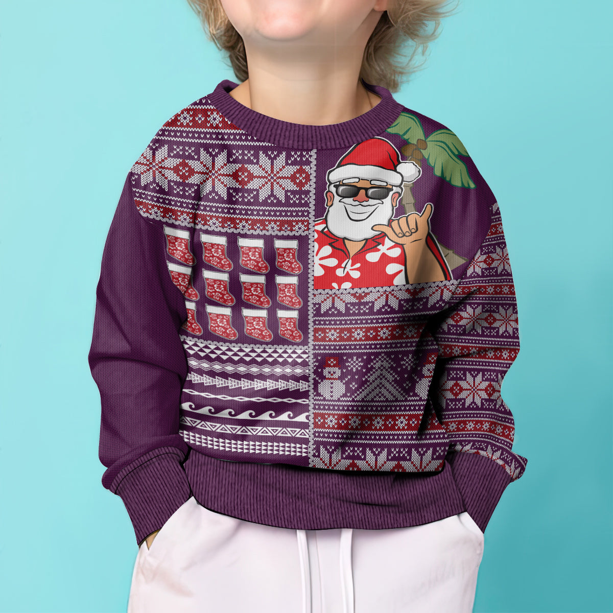 Hawaii Mele Kalikimaka Kid Ugly Christmas Sweater Aloha and Christmas Elements Patchwork Pink Style LT03 - Polynesian Pride