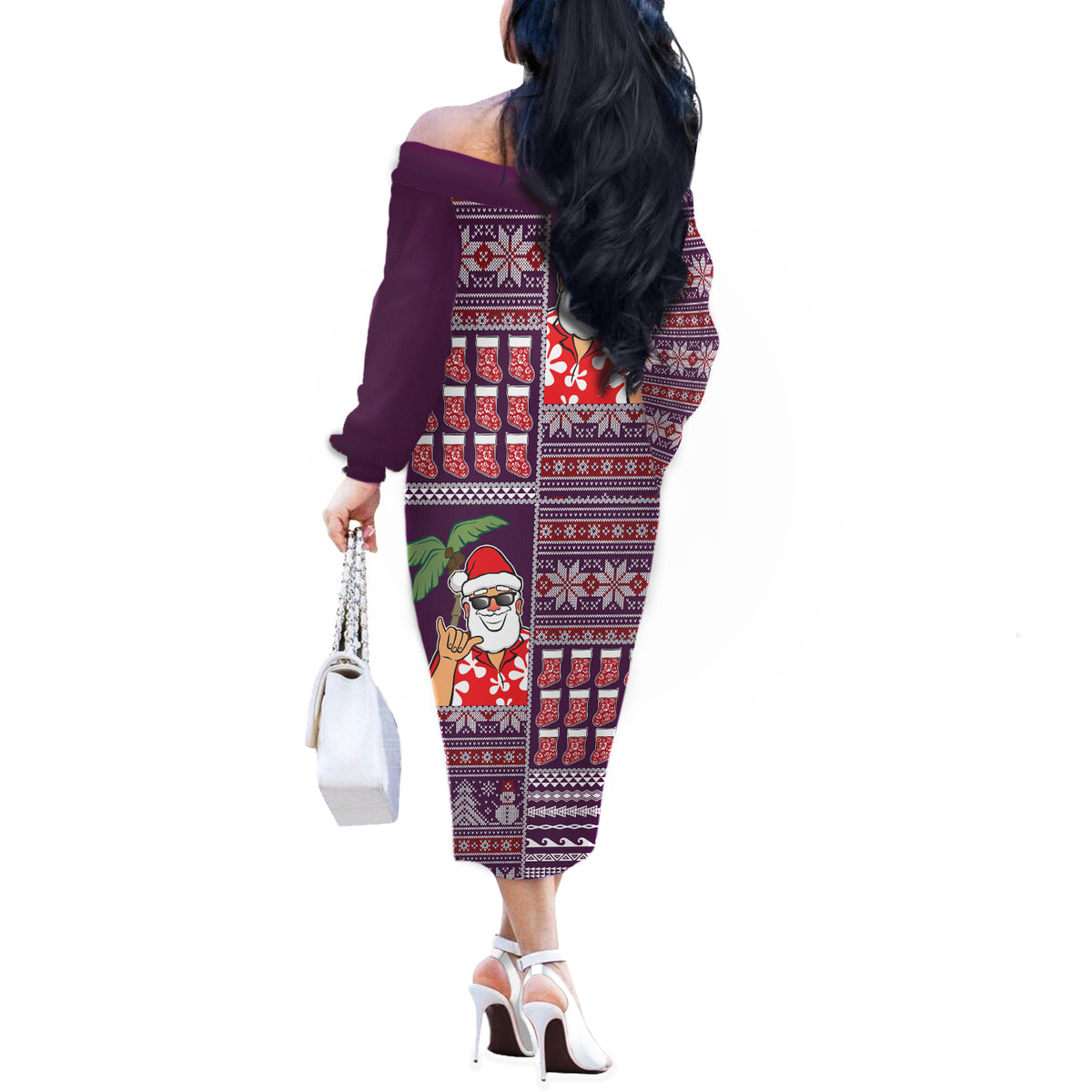 Hawaii Mele Kalikimaka Off The Shoulder Long Sleeve Dress Aloha and Christmas Elements Patchwork Pink Style LT03 - Polynesian Pride