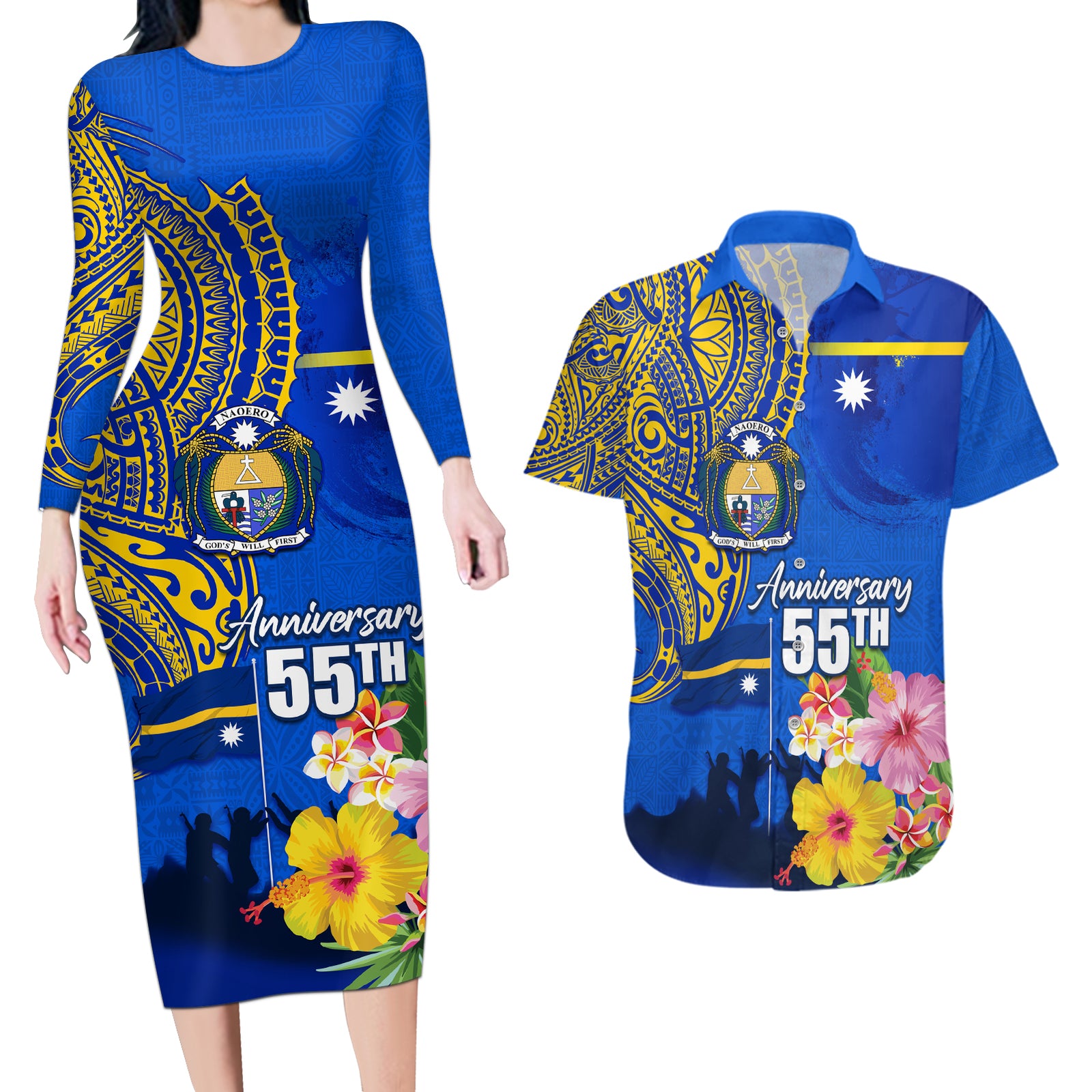Personalised Nauru Independence Day Couples Matching Long Sleeve Bodycon Dress and Hawaiian Shirt Nauruan Tribal Flag Style LT03 Blue - Polynesian Pride