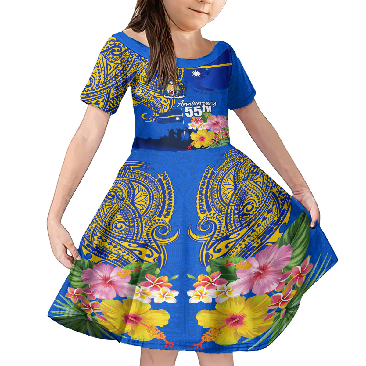 Personalised Nauru Independence Day Family Matching Off Shoulder Maxi Dress and Hawaiian Shirt Nauruan Tribal Flag Style LT03 Daughter's Dress Blue - Polynesian Pride