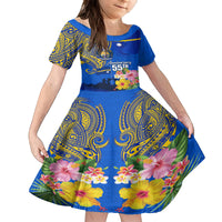 Personalised Nauru Independence Day Family Matching Off Shoulder Maxi Dress and Hawaiian Shirt Nauruan Tribal Flag Style LT03 Daughter's Dress Blue - Polynesian Pride