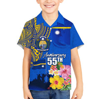 Personalised Nauru Independence Day Family Matching Off Shoulder Maxi Dress and Hawaiian Shirt Nauruan Tribal Flag Style LT03 Son's Shirt Blue - Polynesian Pride