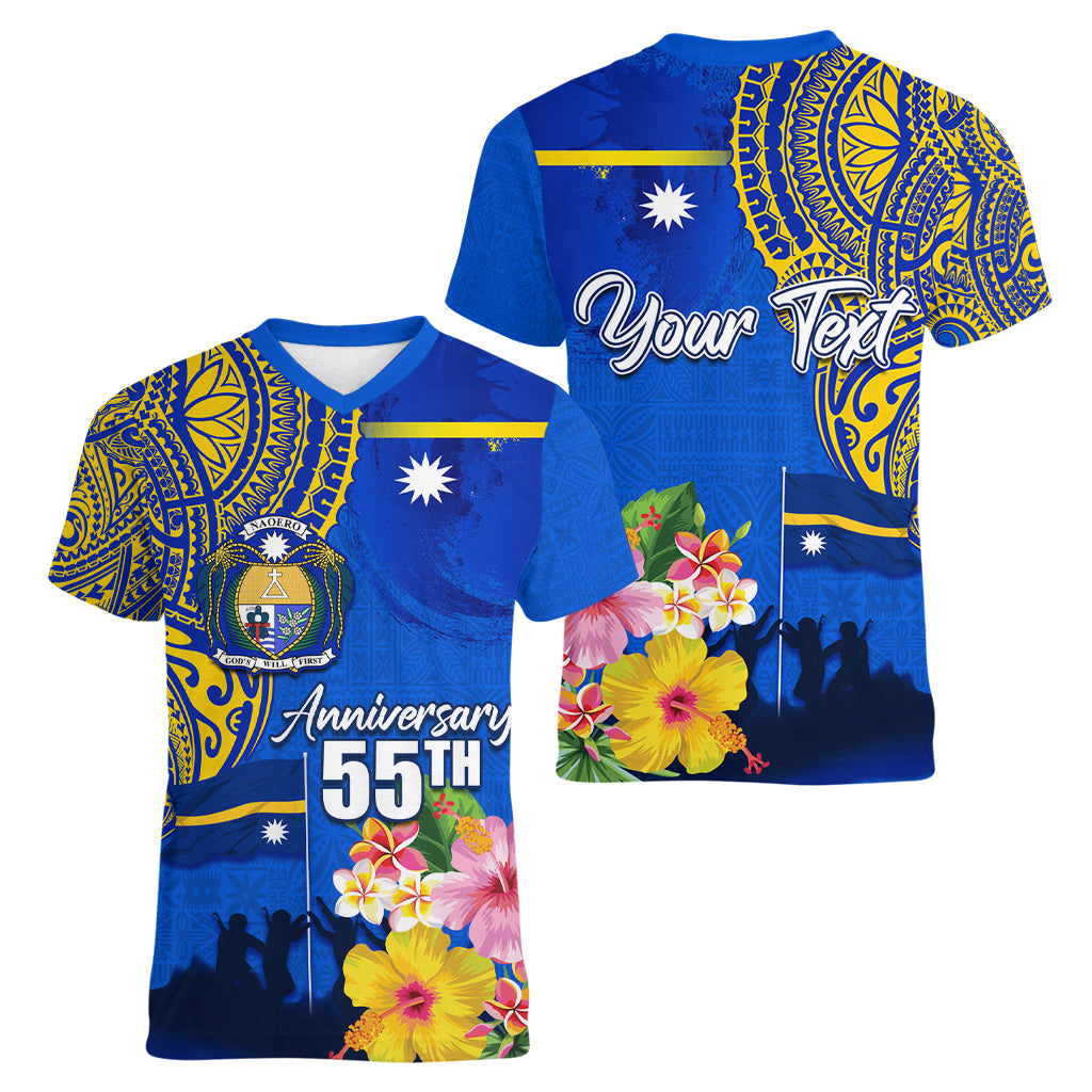 Personalised Nauru Independence Day Women V Neck T Shirt Nauruan Tribal Flag Style LT03 - Polynesian Pride