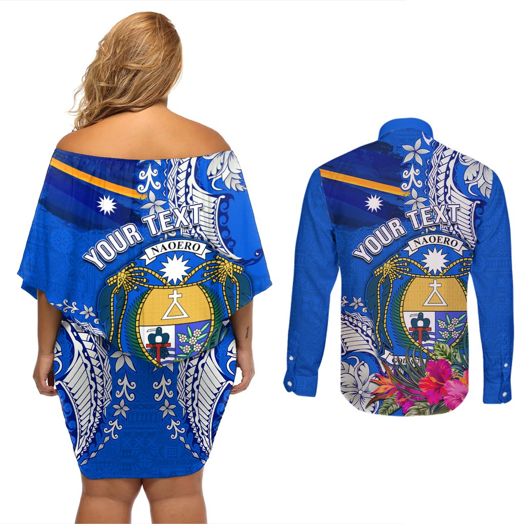 Personalised Nauru Coat of Arms Couples Matching Off Shoulder Short Dress and Long Sleeve Button Shirt Tropical Flower Polynesian Pattern LT03 - Polynesian Pride