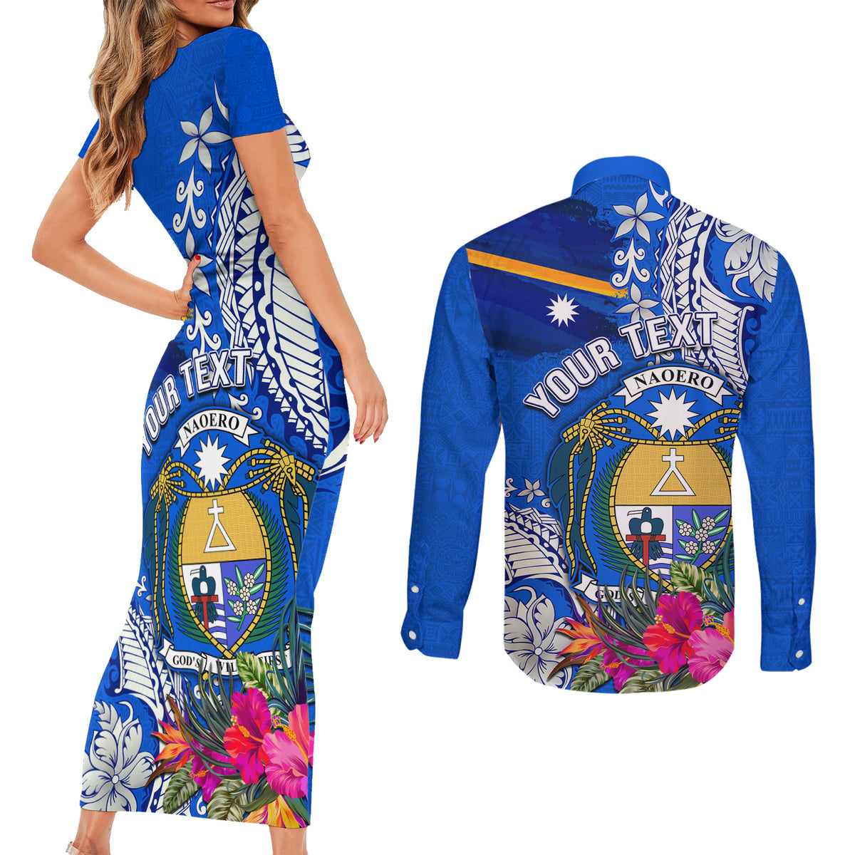Personalised Nauru Coat of Arms Couples Matching Short Sleeve Bodycon Dress and Long Sleeve Button Shirt Tropical Flower Polynesian Pattern LT03 - Polynesian Pride