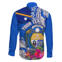 Personalised Nauru Coat of Arms Family Matching Off Shoulder Long Sleeve Dress and Hawaiian Shirt Tropical Flower Polynesian Pattern LT03 - Polynesian Pride