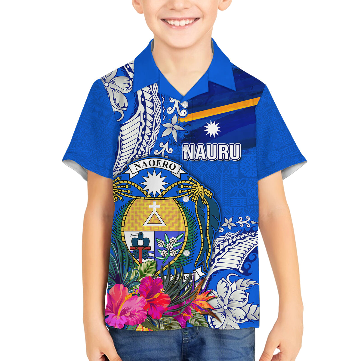 Personalised Nauru Coat of Arms Family Matching Off Shoulder Long Sleeve Dress and Hawaiian Shirt Tropical Flower Polynesian Pattern LT03 Son's Shirt Blue - Polynesian Pride