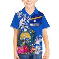 Personalised Nauru Coat of Arms Family Matching Puletasi and Hawaiian Shirt Tropical Flower Polynesian Pattern LT03 Son's Shirt Blue - Polynesian Pride