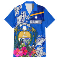 Personalised Nauru Coat of Arms Family Matching Short Sleeve Bodycon Dress and Hawaiian Shirt Tropical Flower Polynesian Pattern LT03 Dad's Shirt - Short Sleeve Blue - Polynesian Pride
