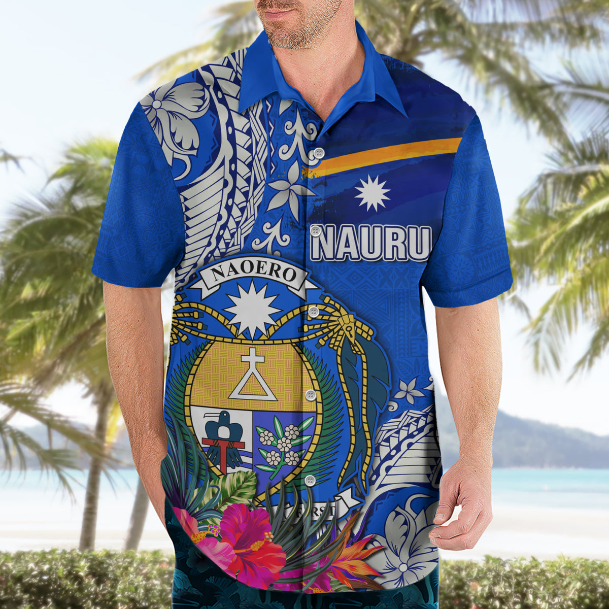 Personalised Nauru Coat of Arms Hawaiian Shirt Tropical Flower Polynesian Pattern LT03 - Polynesian Pride