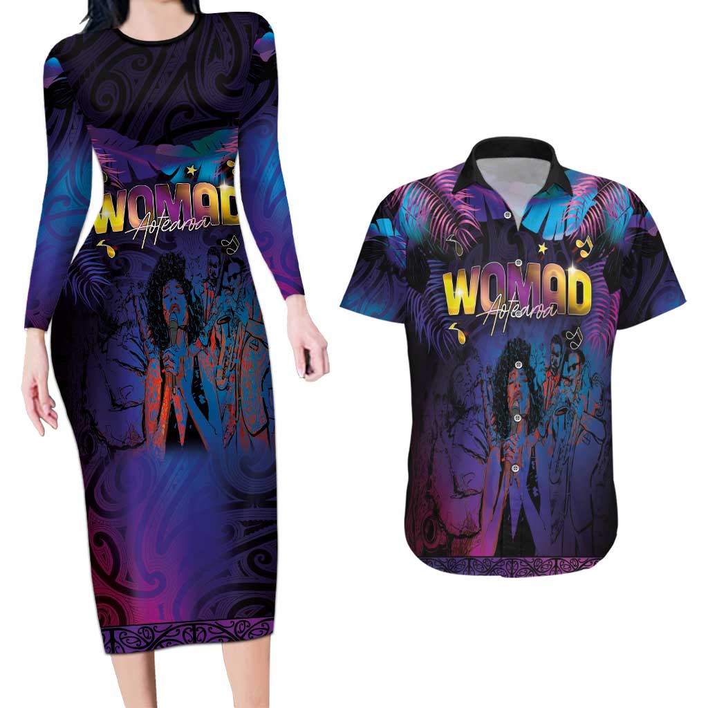 Aotearoa Arts Festival 2025 Couples Matching Long Sleeve Bodycon Dress and Hawaiian Shirt Maori Music Art Dance - Rhythmic Vibes LT03 Black - Polynesian Pride