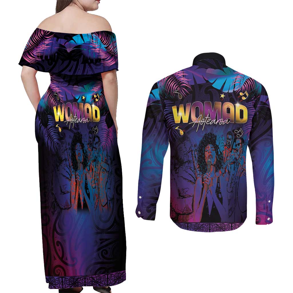 Aotearoa Arts Festival 2025 Couples Matching Off Shoulder Maxi Dress and Long Sleeve Button Shirt Maori Music Art Dance - Rhythmic Vibes LT03 - Polynesian Pride