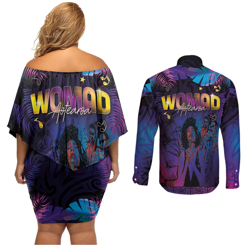Aotearoa Arts Festival 2025 Couples Matching Off Shoulder Short Dress and Long Sleeve Button Shirt Maori Music Art Dance - Rhythmic Vibes LT03 - Polynesian Pride