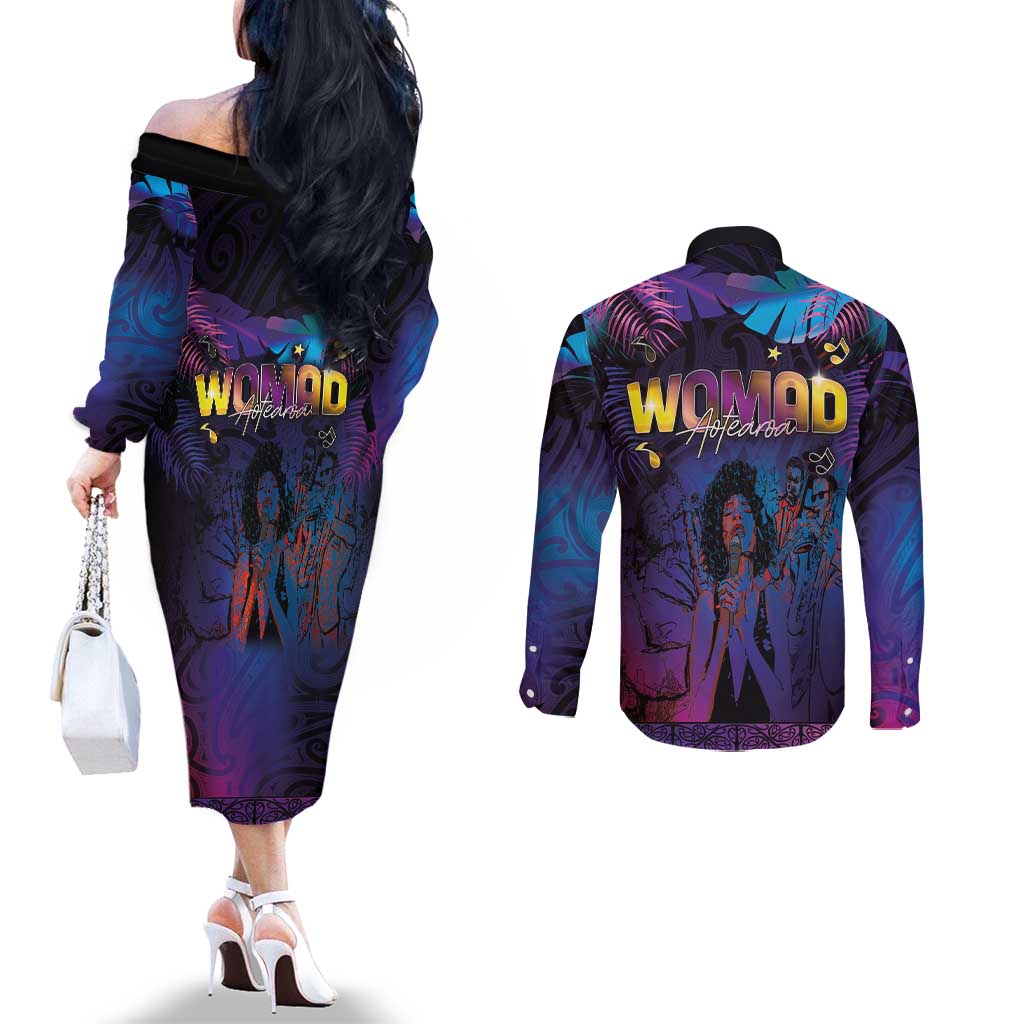Aotearoa Arts Festival 2025 Couples Matching Off The Shoulder Long Sleeve Dress and Long Sleeve Button Shirt Maori Music Art Dance - Rhythmic Vibes LT03 - Polynesian Pride