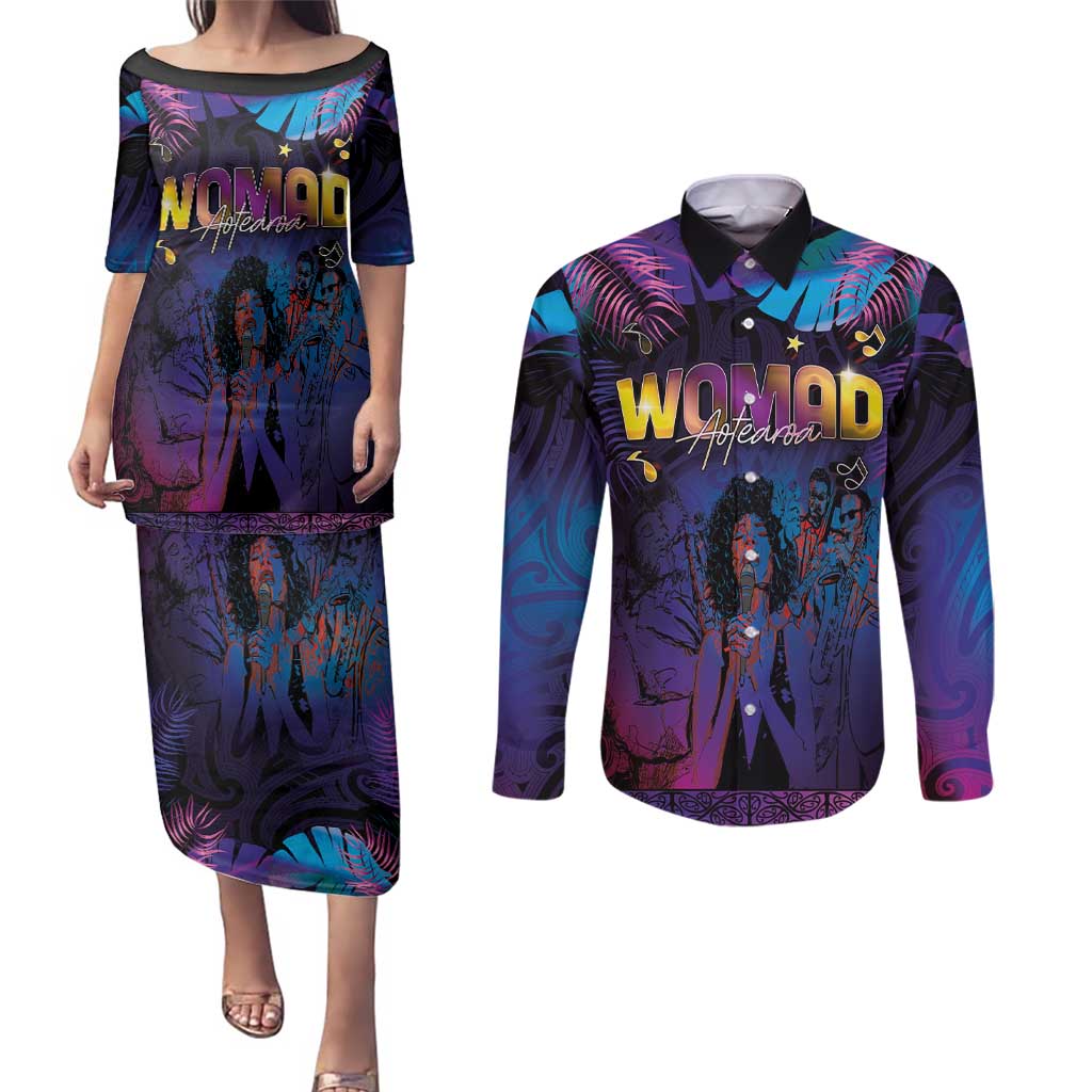 Aotearoa Arts Festival 2025 Couples Matching Puletasi and Long Sleeve Button Shirt Maori Music Art Dance - Rhythmic Vibes LT03 Black - Polynesian Pride