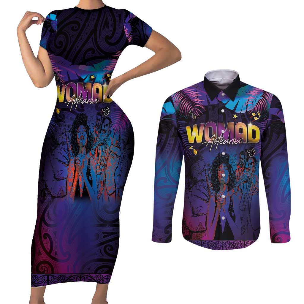 Aotearoa Arts Festival 2025 Couples Matching Short Sleeve Bodycon Dress and Long Sleeve Button Shirt Maori Music Art Dance - Rhythmic Vibes LT03 Black - Polynesian Pride
