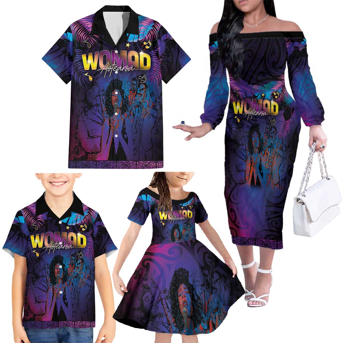 Aotearoa Arts Festival 2025 Family Matching Off The Shoulder Long Sleeve Dress and Hawaiian Shirt Maori Music Art Dance - Rhythmic Vibes LT03 - Polynesian Pride