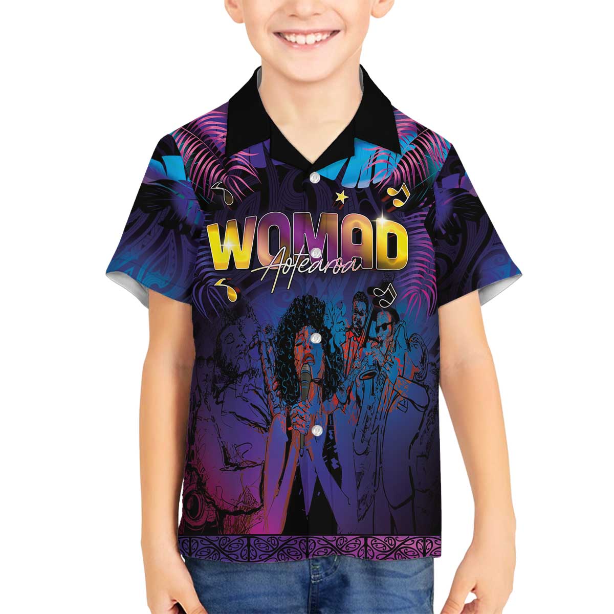 Aotearoa Arts Festival 2025 Family Matching Off The Shoulder Long Sleeve Dress and Hawaiian Shirt Maori Music Art Dance - Rhythmic Vibes LT03 Son's Shirt Black - Polynesian Pride