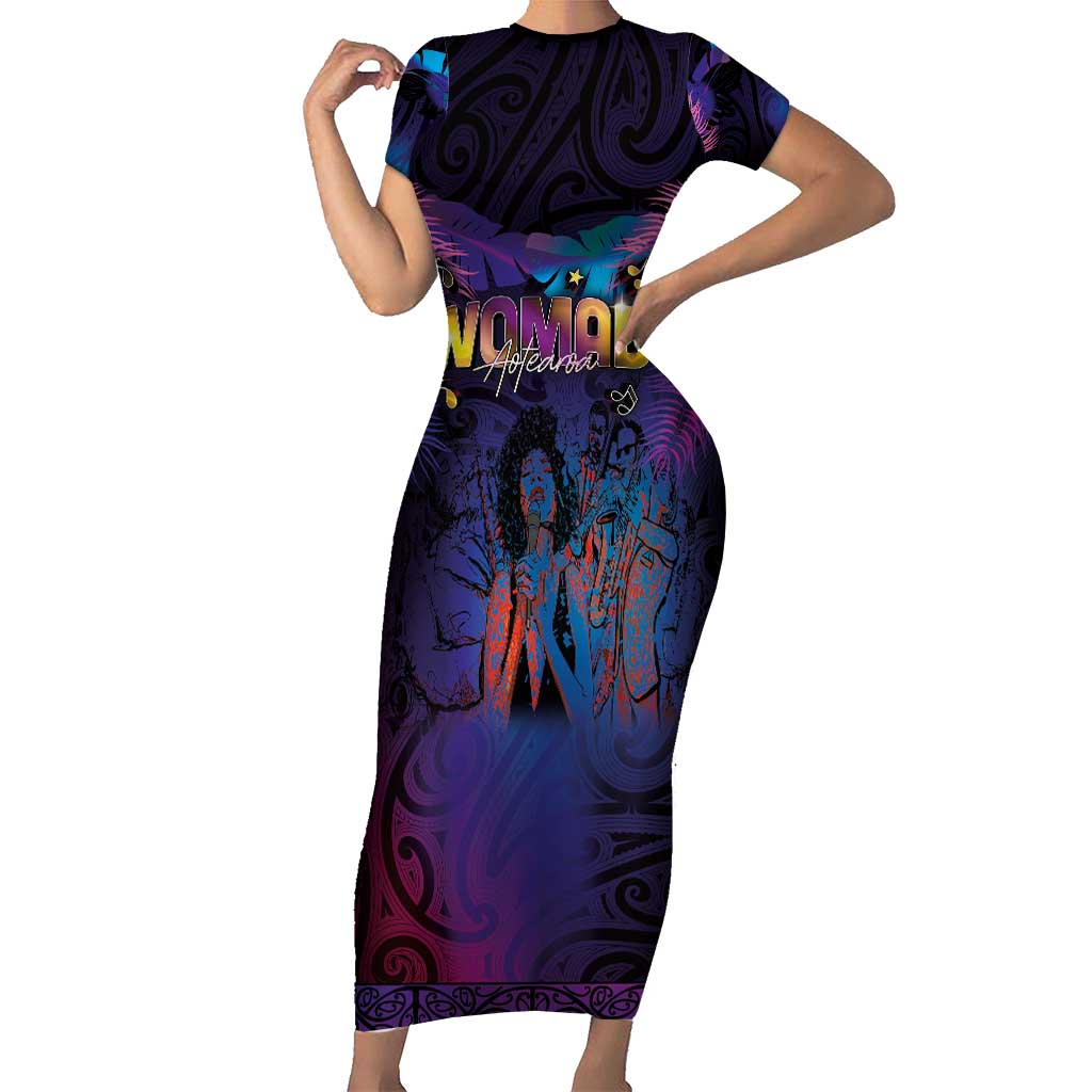 Aotearoa Arts Festival 2025 Short Sleeve Bodycon Dress Maori Music Art Dance - Rhythmic Vibes LT03 Long Dress Black - Polynesian Pride