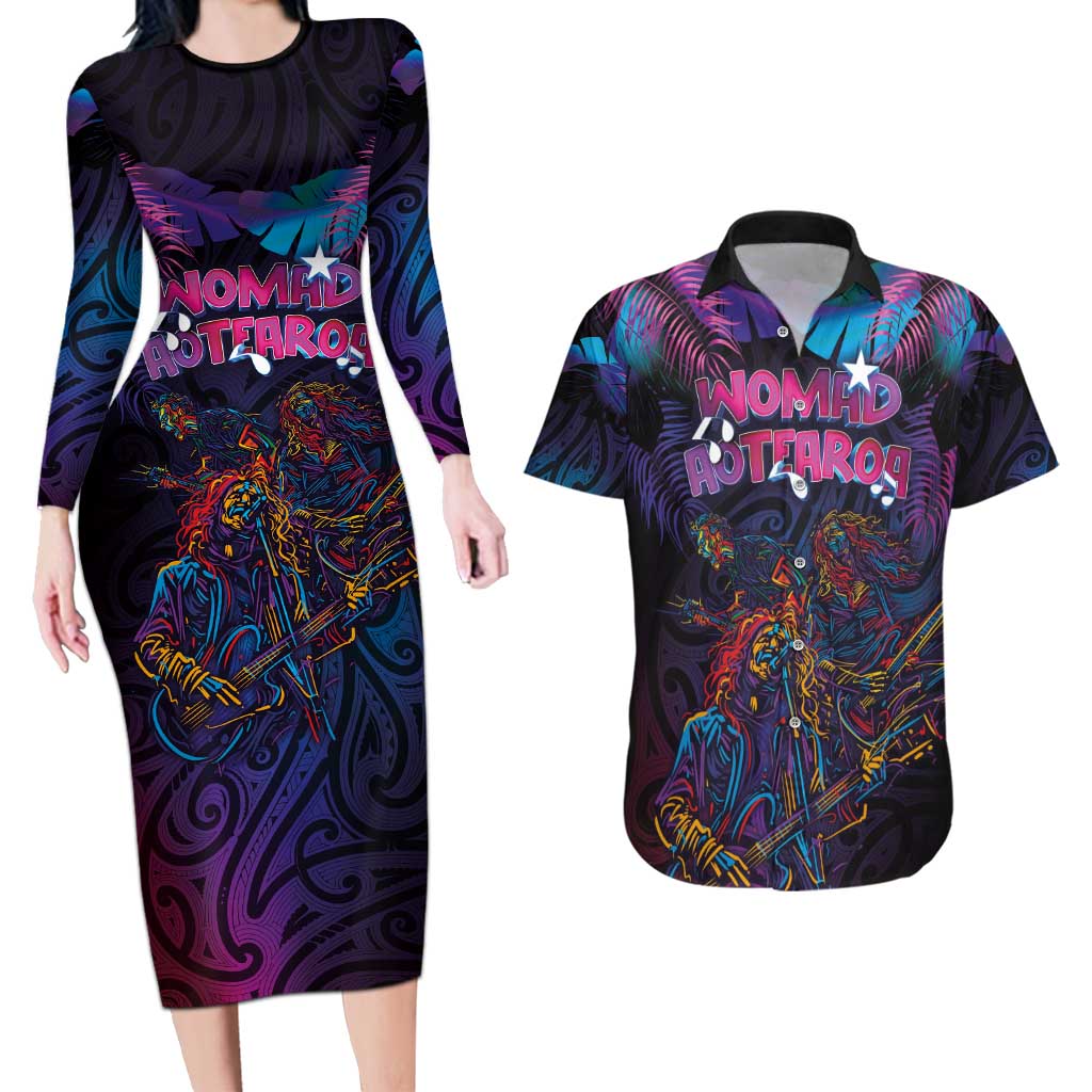 Aotearoa Arts Festival 2025 Couples Matching Long Sleeve Bodycon Dress and Hawaiian Shirt Maori Performing Art and Music - Rhythmic Vibes LT03 Black - Polynesian Pride