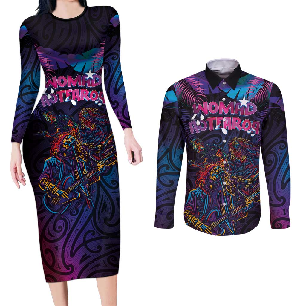 Aotearoa Arts Festival 2025 Couples Matching Long Sleeve Bodycon Dress and Long Sleeve Button Shirt Maori Performing Art and Music - Rhythmic Vibes LT03 Black - Polynesian Pride