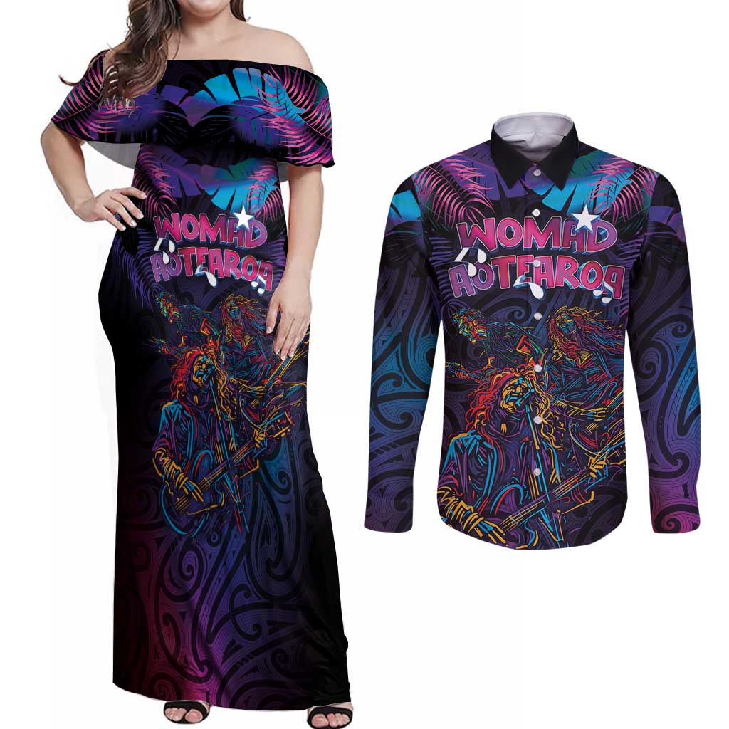 Aotearoa Arts Festival 2025 Couples Matching Off Shoulder Maxi Dress and Long Sleeve Button Shirt Maori Performing Art and Music - Rhythmic Vibes LT03 Black - Polynesian Pride