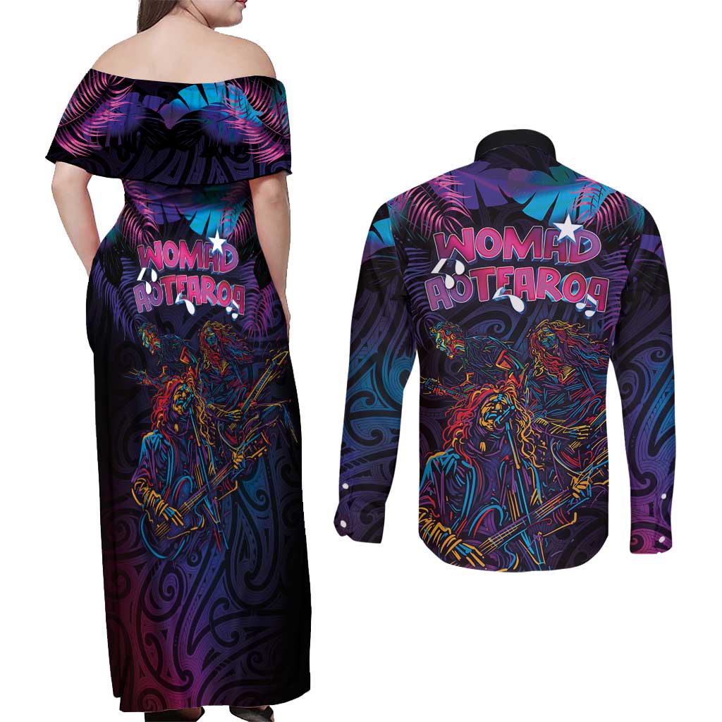 Aotearoa Arts Festival 2025 Couples Matching Off Shoulder Maxi Dress and Long Sleeve Button Shirt Maori Performing Art and Music - Rhythmic Vibes LT03 - Polynesian Pride