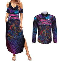 Aotearoa Arts Festival 2025 Couples Matching Summer Maxi Dress and Long Sleeve Button Shirt Maori Performing Art and Music - Rhythmic Vibes LT03 Black - Polynesian Pride
