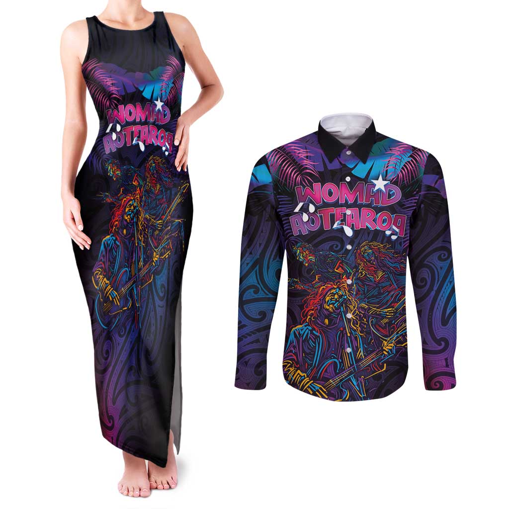 Aotearoa Arts Festival 2025 Couples Matching Tank Maxi Dress and Long Sleeve Button Shirt Maori Performing Art and Music - Rhythmic Vibes LT03 Black - Polynesian Pride