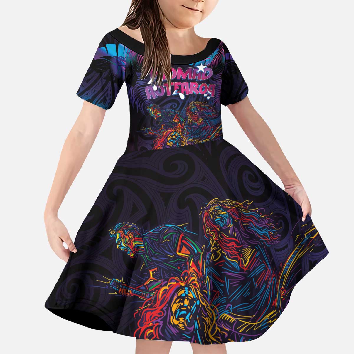 Aotearoa Arts Festival 2025 Family Matching Off The Shoulder Long Sleeve Dress and Hawaiian Shirt Maori Performing Art and Music - Rhythmic Vibes LT03 Daughter's Dress Black - Polynesian Pride