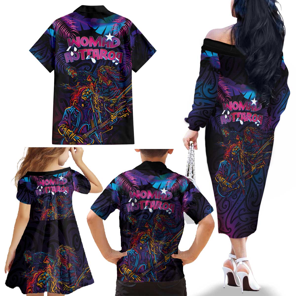Aotearoa Arts Festival 2025 Family Matching Off The Shoulder Long Sleeve Dress and Hawaiian Shirt Maori Performing Art and Music - Rhythmic Vibes LT03 - Polynesian Pride