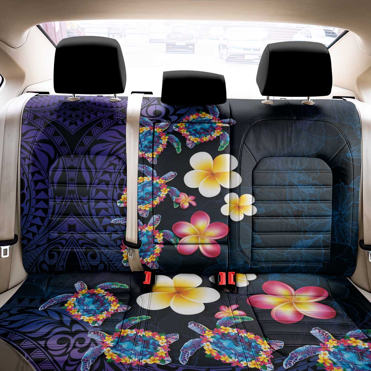 Hawaiian Turtles and Plumeria Back Car Seat Cover Polynesian Art Tribal Tattoo Dark Aqua Color LT03 - Polynesian Pride