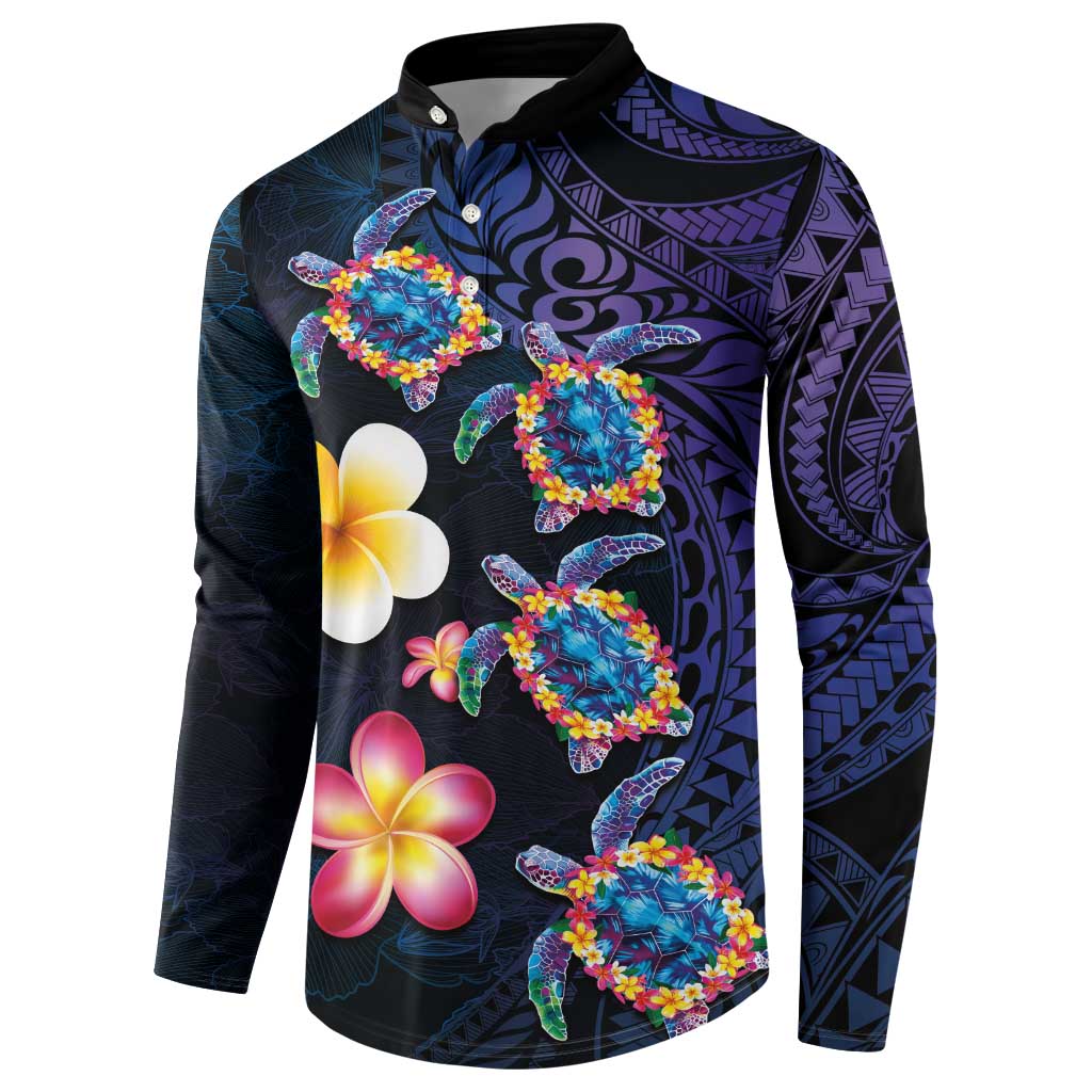 Hawaiian Turtles and Plumeria Button Sweatshirt Polynesian Art Tribal Tattoo Dark Aqua Color