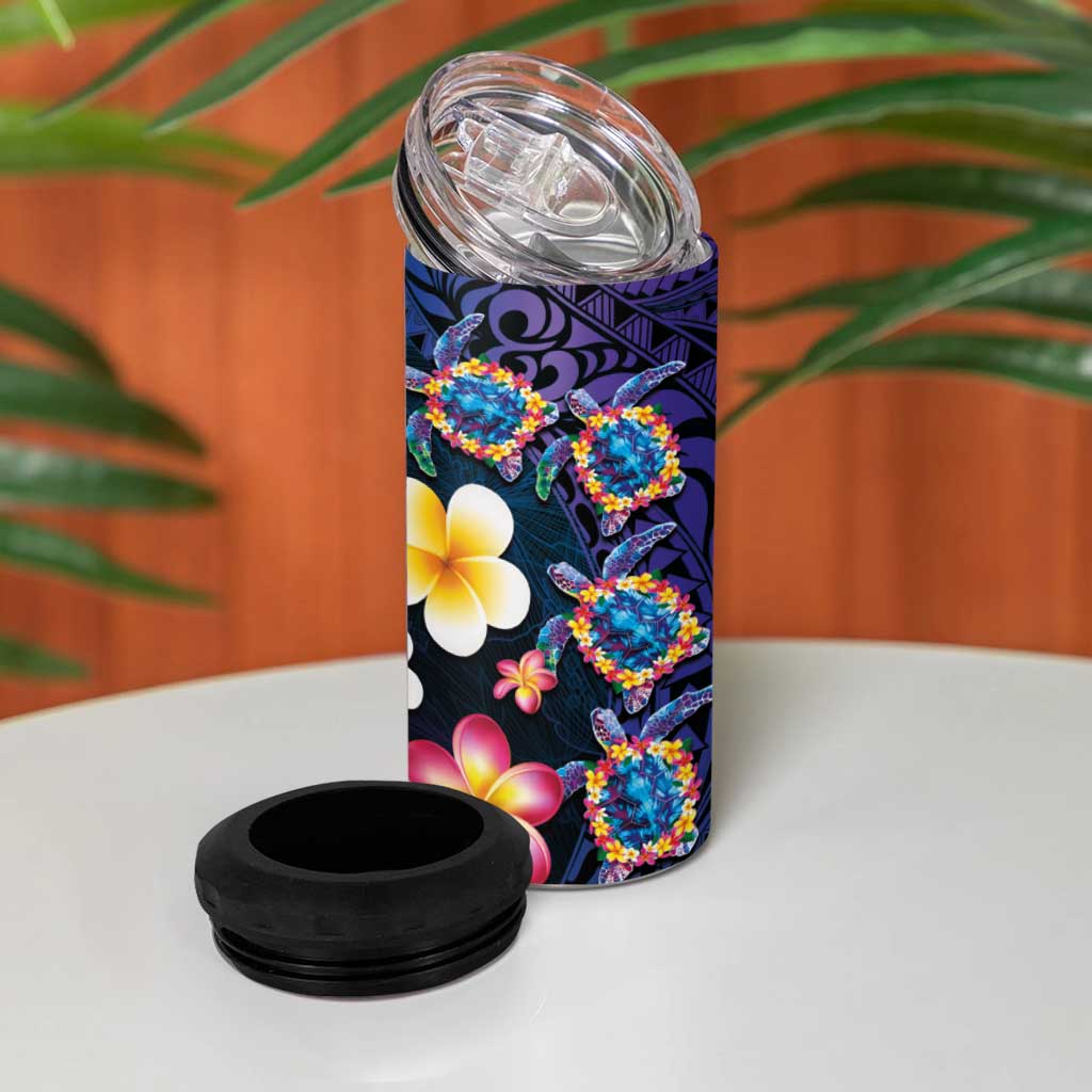 Hawaiian Turtles and Plumeria 4 in 1 Can Cooler Tumbler Polynesian Art Tribal Tattoo Dark Aqua Color LT03 - Polynesian Pride
