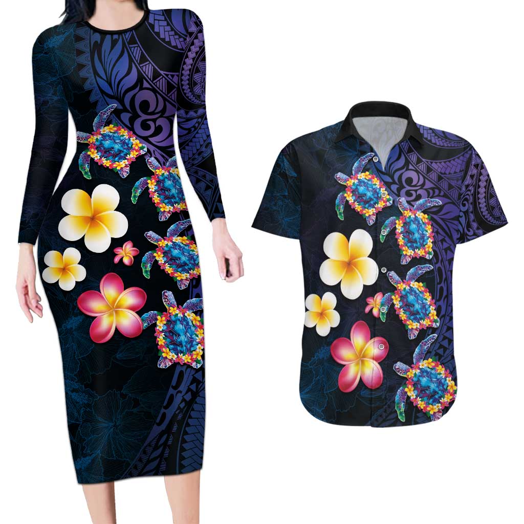 Hawaiian Turtles and Plumeria Couples Matching Long Sleeve Bodycon Dress and Hawaiian Shirt Polynesian Art Tribal Tattoo Dark Aqua Color LT03 Blue - Polynesian Pride