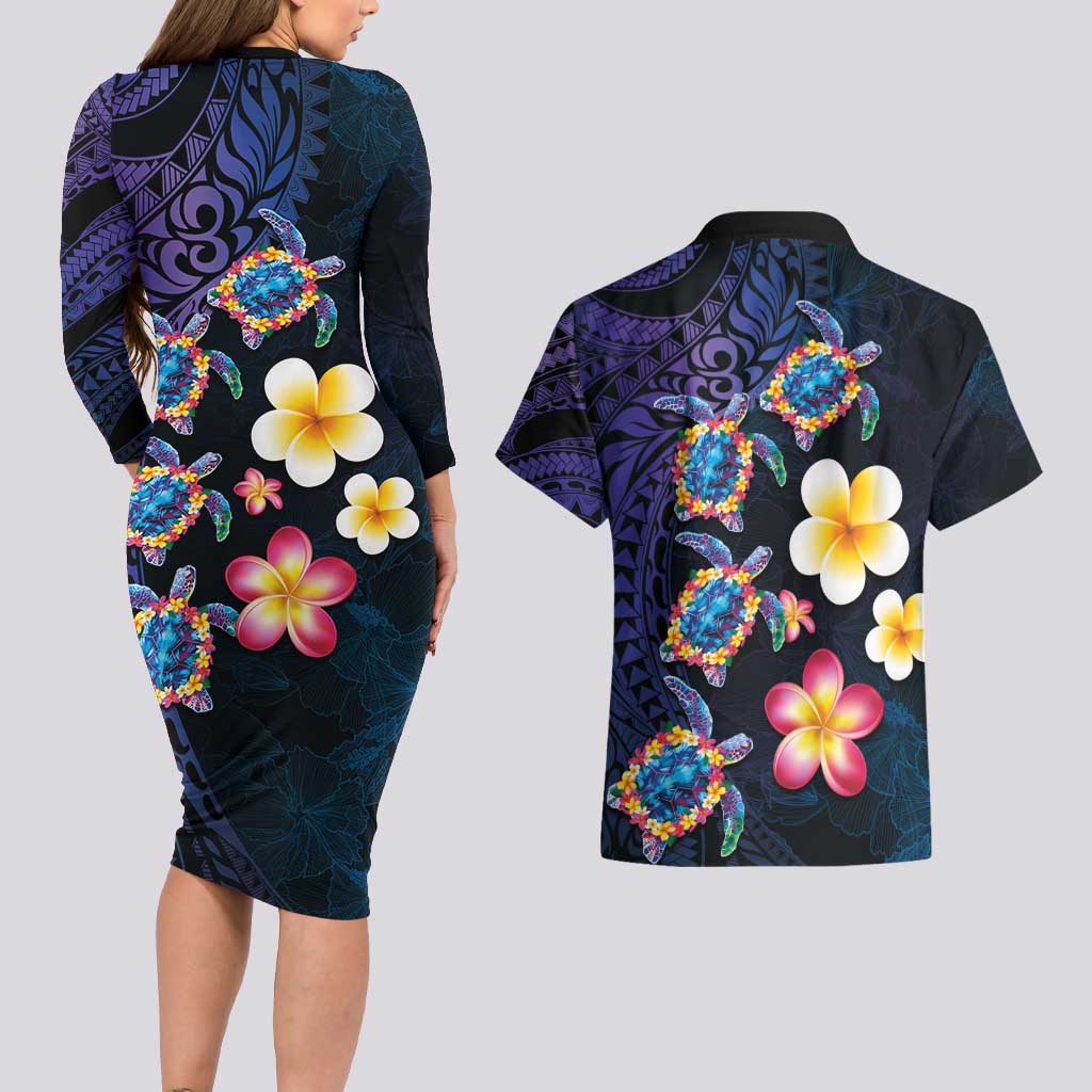 Hawaiian Turtles and Plumeria Couples Matching Long Sleeve Bodycon Dress and Hawaiian Shirt Polynesian Art Tribal Tattoo Dark Aqua Color LT03 - Polynesian Pride