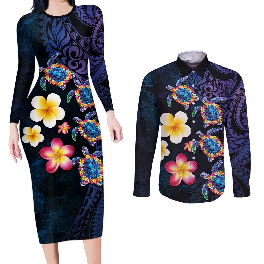 Hawaiian Turtles and Plumeria Couples Matching Long Sleeve Bodycon Dress and Long Sleeve Button Shirt Polynesian Art Tribal Tattoo Dark Aqua Color LT03 Blue - Polynesian Pride