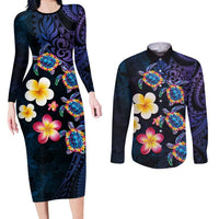 Hawaiian Turtles and Plumeria Couples Matching Long Sleeve Bodycon Dress and Long Sleeve Button Shirt Polynesian Art Tribal Tattoo Dark Aqua Color LT03 Blue - Polynesian Pride