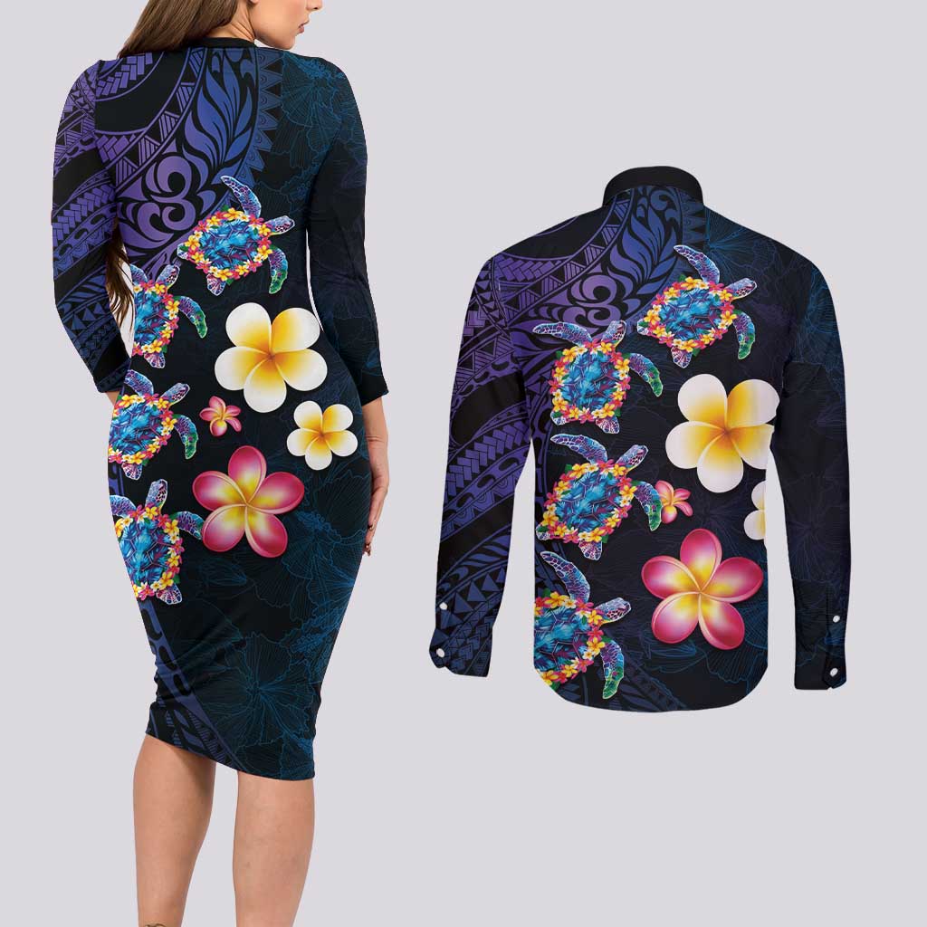 Hawaiian Turtles and Plumeria Couples Matching Long Sleeve Bodycon Dress and Long Sleeve Button Shirt Polynesian Art Tribal Tattoo Dark Aqua Color LT03 - Polynesian Pride