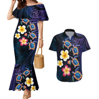 Hawaiian Turtles and Plumeria Couples Matching Mermaid Dress and Hawaiian Shirt Polynesian Art Tribal Tattoo Dark Aqua Color LT03 Blue - Polynesian Pride