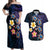Hawaiian Turtles and Plumeria Couples Matching Off Shoulder Maxi Dress and Hawaiian Shirt Polynesian Art Tribal Tattoo Dark Aqua Color