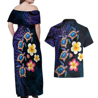 Hawaiian Turtles and Plumeria Couples Matching Off Shoulder Maxi Dress and Hawaiian Shirt Polynesian Art Tribal Tattoo Dark Aqua Color LT03 - Polynesian Pride