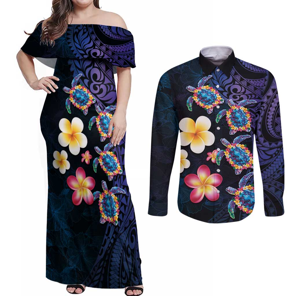 Hawaiian Turtles and Plumeria Couples Matching Off Shoulder Maxi Dress and Long Sleeve Button Shirt Polynesian Art Tribal Tattoo Dark Aqua Color LT03 Blue - Polynesian Pride
