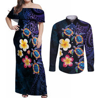 Hawaiian Turtles and Plumeria Couples Matching Off Shoulder Maxi Dress and Long Sleeve Button Shirt Polynesian Art Tribal Tattoo Dark Aqua Color LT03 Blue - Polynesian Pride