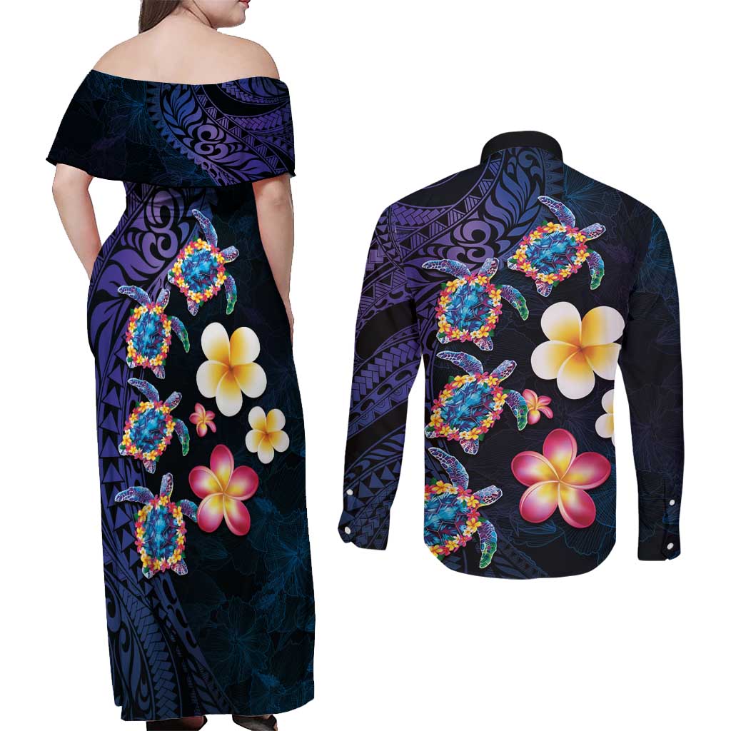 Hawaiian Turtles and Plumeria Couples Matching Off Shoulder Maxi Dress and Long Sleeve Button Shirt Polynesian Art Tribal Tattoo Dark Aqua Color LT03 - Polynesian Pride