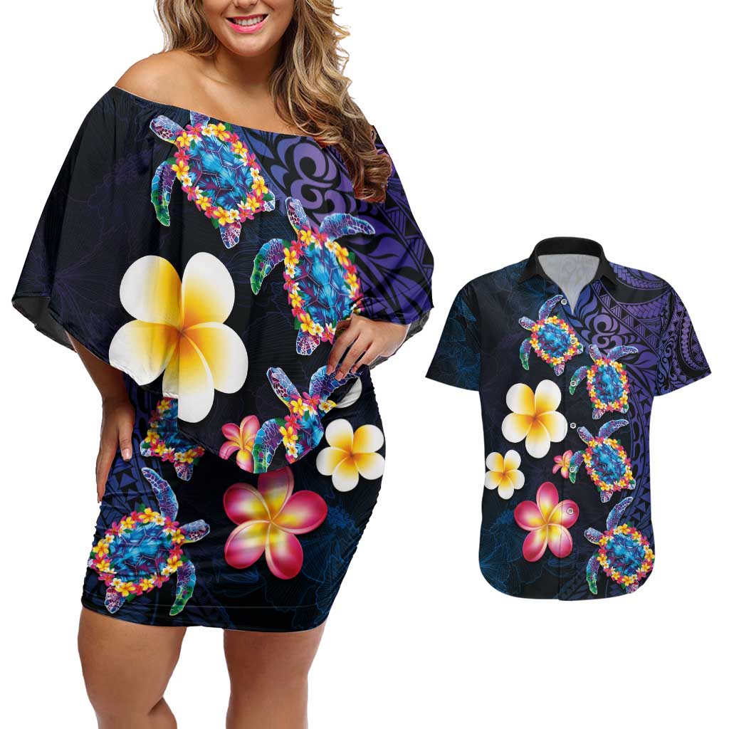Hawaiian Turtles and Plumeria Couples Matching Off Shoulder Short Dress and Hawaiian Shirt Polynesian Art Tribal Tattoo Dark Aqua Color LT03 Blue - Polynesian Pride