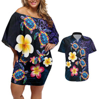 Hawaiian Turtles and Plumeria Couples Matching Off Shoulder Short Dress and Hawaiian Shirt Polynesian Art Tribal Tattoo Dark Aqua Color LT03 Blue - Polynesian Pride