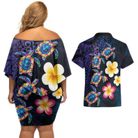 Hawaiian Turtles and Plumeria Couples Matching Off Shoulder Short Dress and Hawaiian Shirt Polynesian Art Tribal Tattoo Dark Aqua Color LT03 - Polynesian Pride